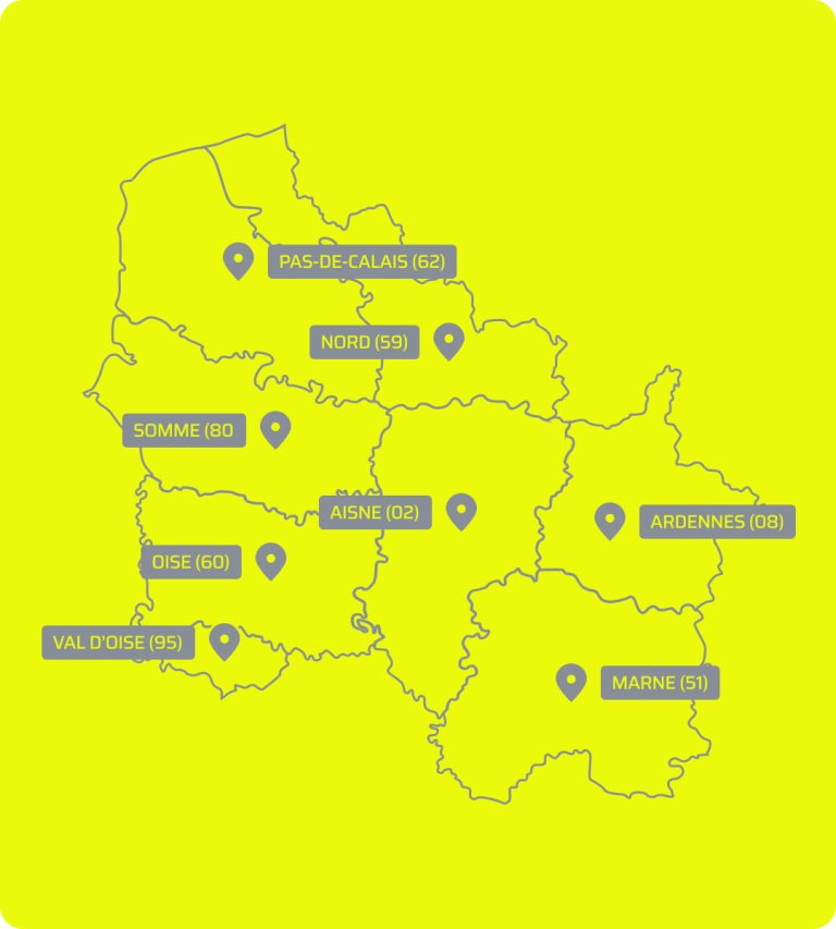 Département couvert par l'agence Hauts-de-France ANAVEO Carte des Hauts-de-France avec implantation ANAVEO