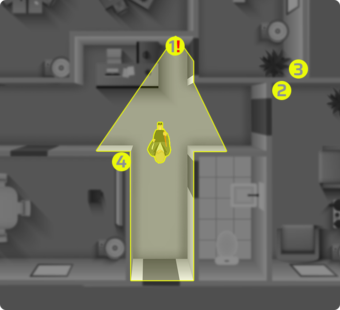 Top-down plan of a site with camera bubbles positioned and a field of view shown