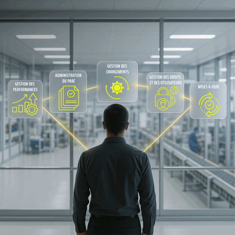 Responsable observant un site industriel avec des interfaces affichant la gestion des performances, des changements, des utilisateurs et des mises à jour dans une logique d’exploitation continue.