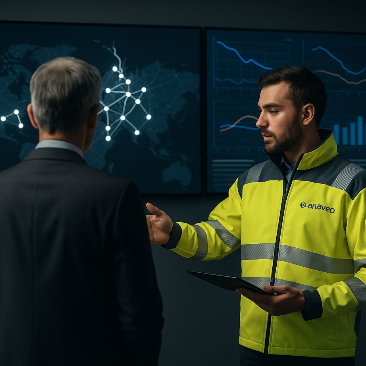 Expert Anaveo présentant des données de sécurité et de performance à un client sur un écran de pilotage multisite