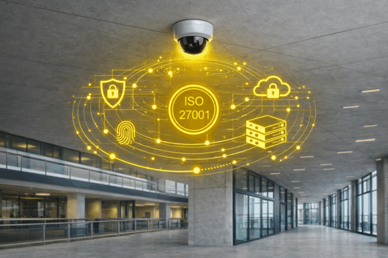 Caméra de vidéosurveillance avec interface cybersécurité et certification ISO 27001 dans un environnement tertiaire