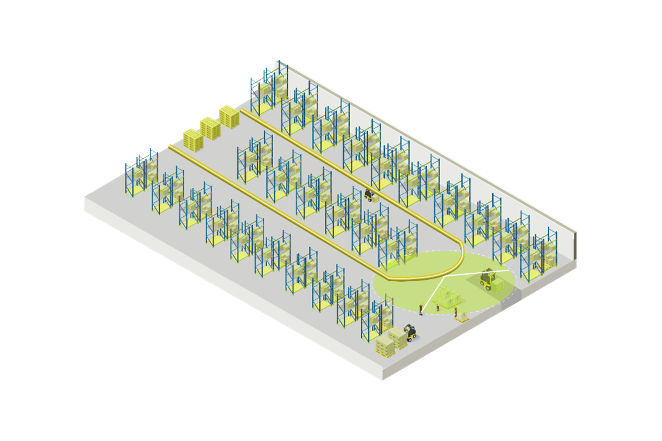 Isometric view of a logistics warehouse covered by a SMARTRACK rail